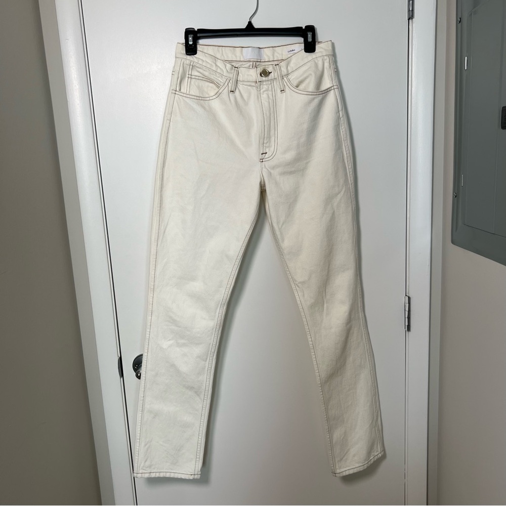 FRAME Le Italian true straight white denim with brown stitching